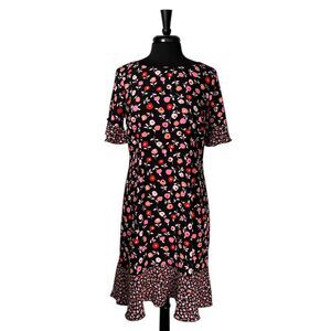 Talbots Petite Womens 8P Black Floral Shift Dress Bow Sleeve Ruffle Hem NWT $149